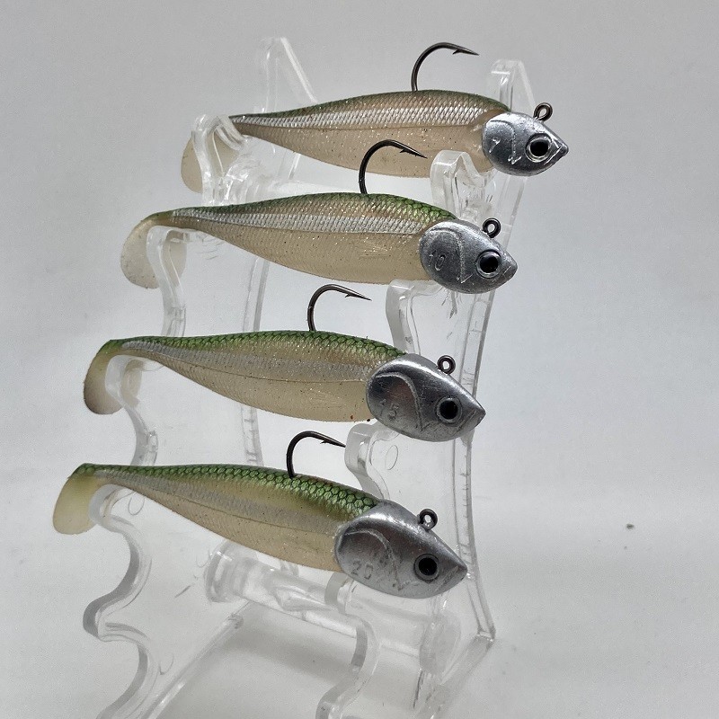 Nitro shad 9 cm coloris secret sand eel monté sur têtes plombées de 7 à 20 grammes.