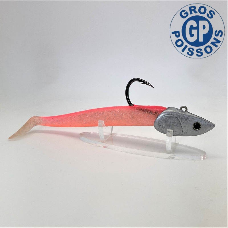 Leurre souple couleur disco pink monté sur une tête en 75 g spécial gros poissons