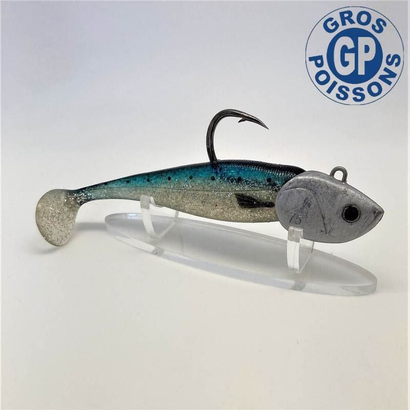 Leurre souple Nitro Shad 15 cm de couleur sardine de chez Illex monté sur une tête VDshad 75g spécial thon.