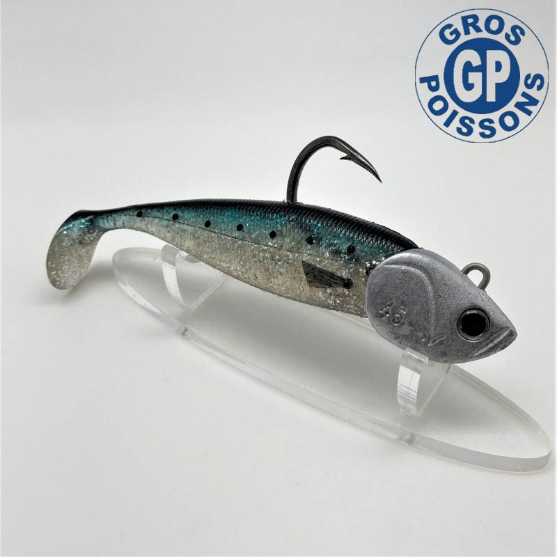Leurre souple Nitro Shad 12 cm de couleur sardine de chez Illex monté sur une tête VDshad 45g spécial thon. Leurre souple Nitro Shad 12 cm de couleur sardine de chez Illex monté sur une tête VDshad 45g spécial thon.
