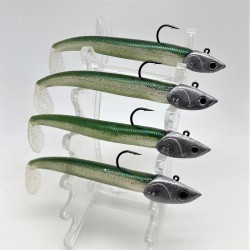 Leurres souples Nitro slim shad 11 cm couleur green sprat sont montés sur des têtes plombées de 10 à 25 g.