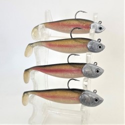 Série de leurres souples Nitro shad 90 couleur wakasagi montés sur nos têtes plombées de 7, 10, 15 et 20 g.