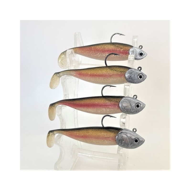 Série de leurres souples Nitro shad 90 couleur wakasagi montés sur nos têtes plombées de 7, 10, 15 et 20 g.