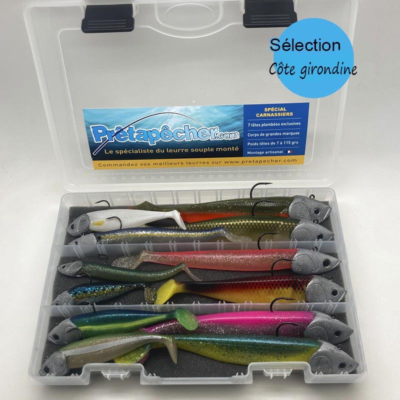 Coffret 6 leurres souples montés sur des têtes plombées PRETAPECHER de 75G à 115g pour la pêche du bar, du maigre et du lieu.